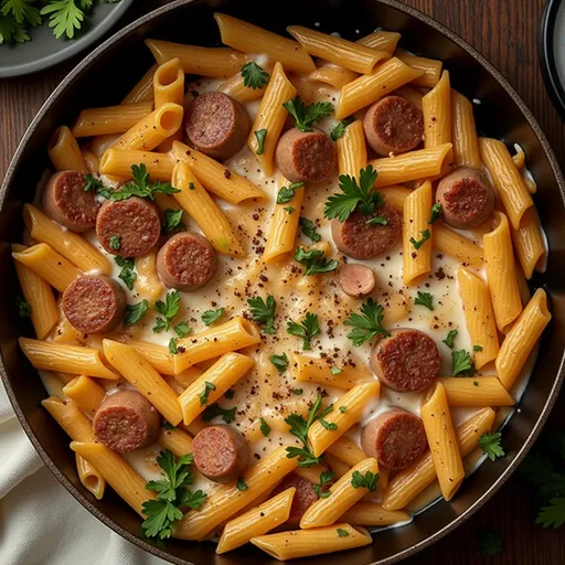 Eye-level shot of creamy pasta dish with sliced sausage, bell peppers, and sprinkled parsley on top.