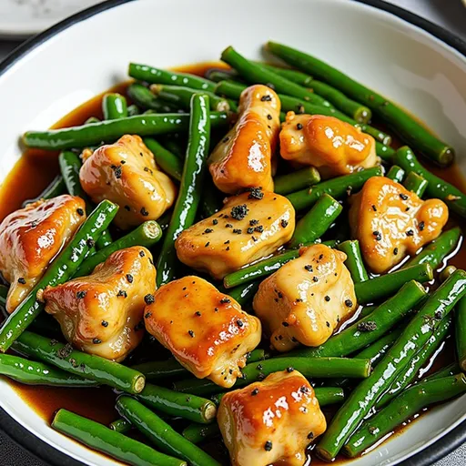 Mouthwatering Low-Carb Garlic Chicken alongside crisp green beans, showcasing rich textures and colors.