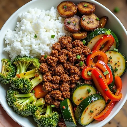 Gourmet presentation of a beef stir-fry bowl featuring garlic veggies and steamed rice.