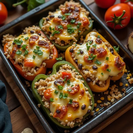 A detailed shot of bell peppers stuffed with rice and veggies, highlighting their textures against a cozy backdrop.
