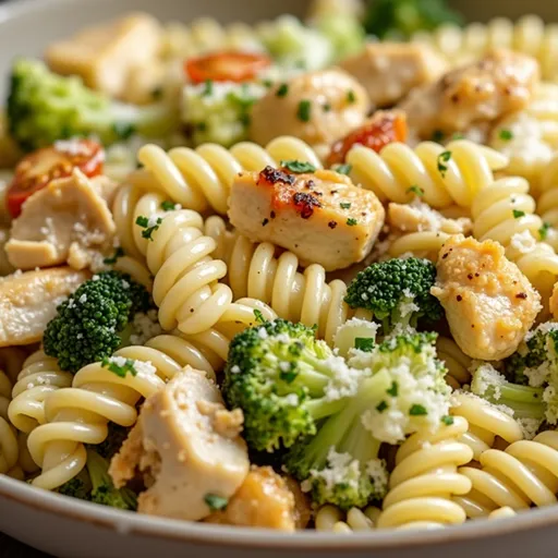 Gourmet image of whole wheat pasta with shredded chicken, broccoli florets, and vibrant cherry tomatoes.