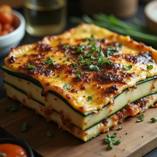 Eye-level view of a hearty zucchini lasagna, highlighting the cheese layers and garnished with basil.