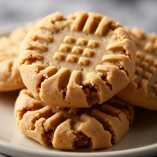 Detailed view of three-ingredient peanut butter cookies, with a warm, blurred background.