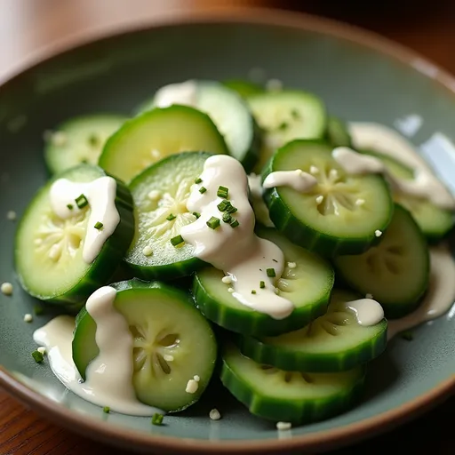 Eye-level view of a refreshing cucumber salad with a creamy dressing and garnished with dill.