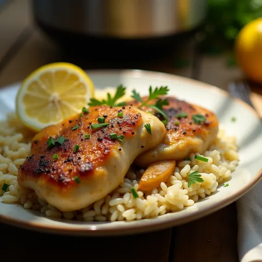 Delicious Slow Cooker Lemon Herb Chicken over fluffy rice, illuminated by natural light.