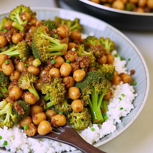 A detailed view of a Garlic Broccoli Stir Fry with Chickpeas, highlighting its textures and colors against a blurred background.