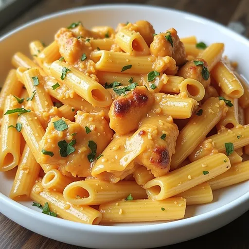 Eye-level view of a hearty Buffalo Chicken Pasta dish, showcasing its rich textures and colors.