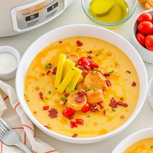 Delicious crab dip in a slow cooker, featuring a golden top and inviting ingredients.