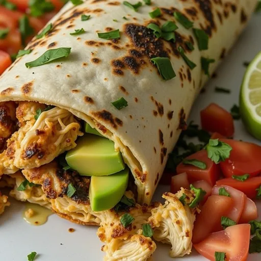 A detailed shot of a Chicken Avocado Wrap revealing its colorful filling and warm tortilla.