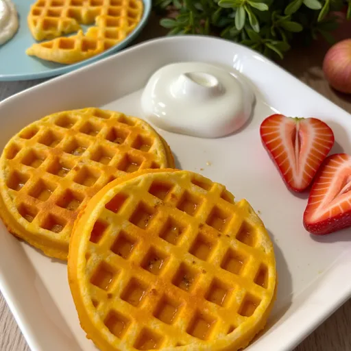 Tasty carrot waffles, lightly crispy, arranged beautifully with a warm, inviting background and soft shadows.