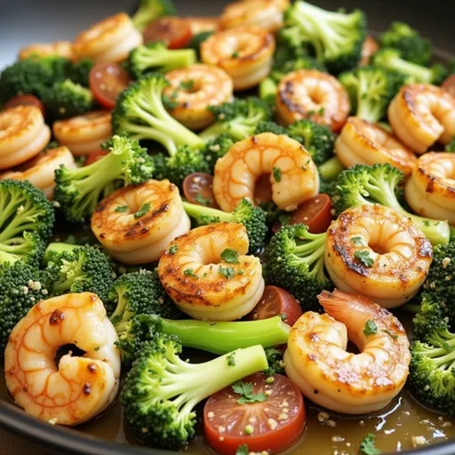 Vibrant dish of shrimp and broccoli, highlighted by natural light.