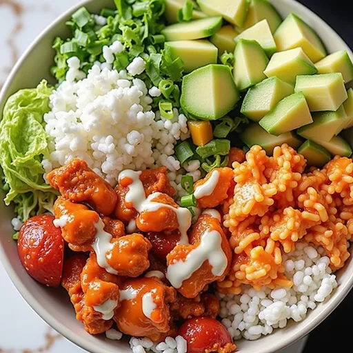 A vibrant Buffalo Chicken Bowl showing tender chicken, fresh toppings, and drizzled dressing.