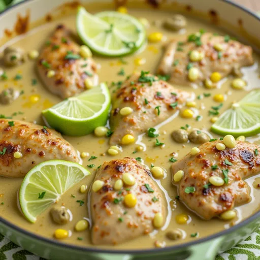 One pan creamy keto green chili chicken, featuring a rich texture and vibrant green accents.