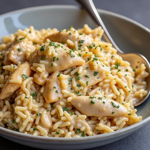 Delicious Instant Pot creamy chicken and rice, featuring a texture-filled presentation in soft lighting.