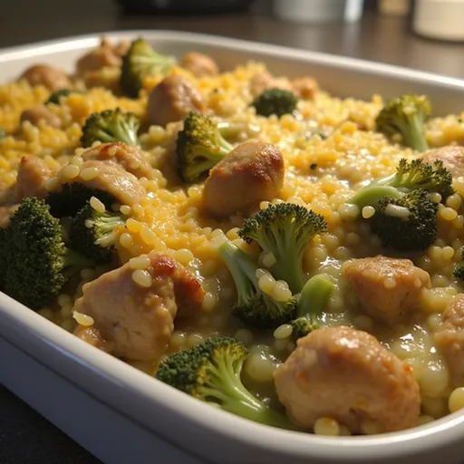 Delicious chicken and broccoli casserole served in a rustic dish, illuminated by soft natural light.