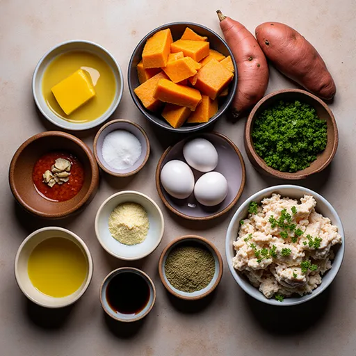 A professional food photograph showcasing a healthy meal with chicken, sweet potatoes, spinach, and avocado.