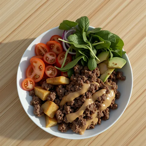 An appetizing Burger Bowl displaying a variety of fresh ingredients, illuminated by soft natural light.