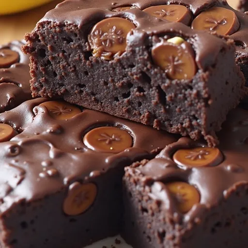 A slice of fudgy banana brownie showcasing its dark color and smooth surface, set against a blurred kitchen backdrop.