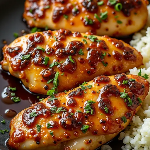 Succulent chicken breasts topped with garlic and honey, set against a blurred backdrop.
