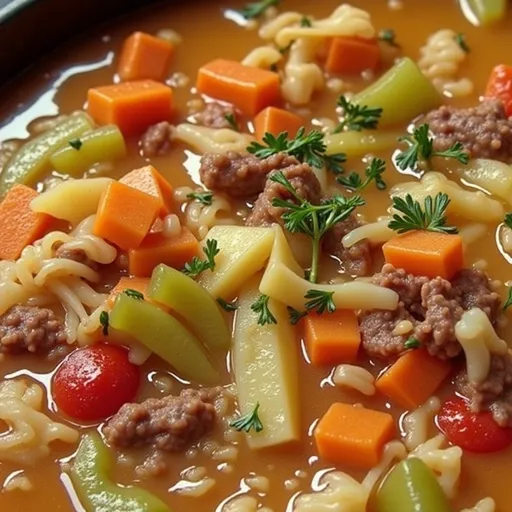 A hearty bowl of vegetable soup featuring cabbage, tomatoes, and spices, captured in warm light.