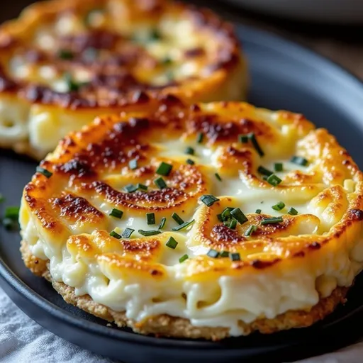 Eye-level shot of baked cottage cheese eggs in a rustic dish, showcasing a creamy texture and a warm, inviting scene.