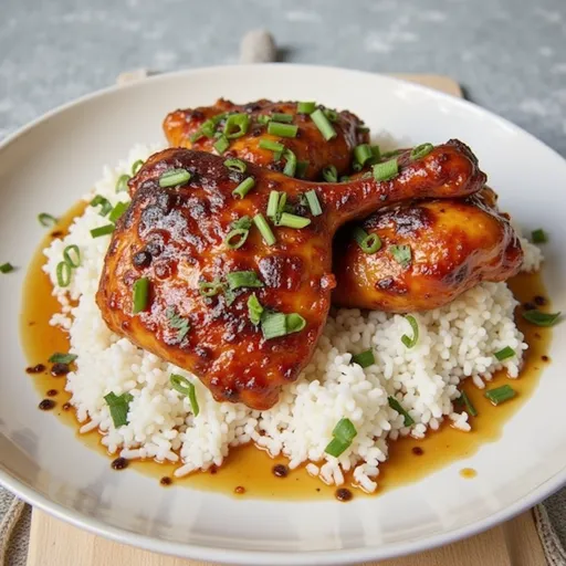 Succulent chicken thighs with a shiny glaze, showcasing herbs and spices on a rustic surface.