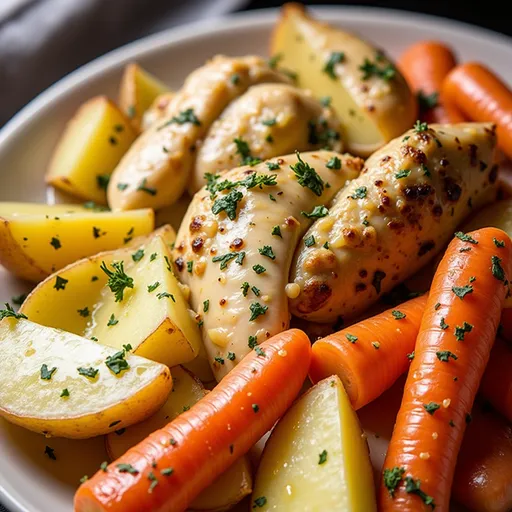 Appetizing dish featuring tender chicken breasts in garlic butter with a medley of carrots and broccoli, softly illuminated.