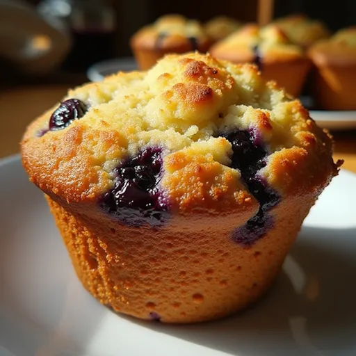 Eye-level shot of golden Air Fryer Blueberry Muffins, highlighting their blueberry-filled interiors.