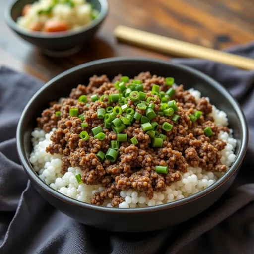 Delicious Korean Ground Beef Bowl showcasing glossy beef, vibrant green onions, and a side of rice in warm lighting.