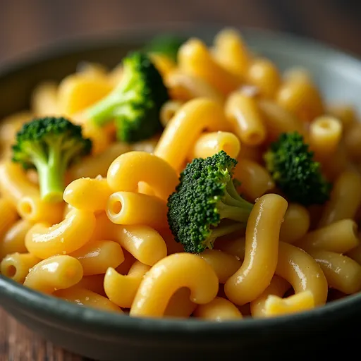 Eye-level shot of a hearty bowl of Healthy Mac & Cheese with broccoli, featuring rich colors and textures.