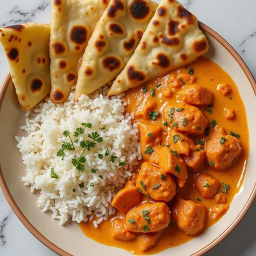 Eye-level view of luscious Homemade Butter Chicken with fluffy naan and a hint of green parsley on top.
