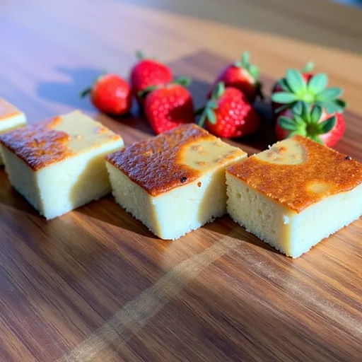 Eye-level view of a yogurt cake, emphasizing its soft interior and inviting appearance in natural light.