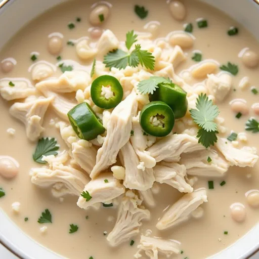 Delicious white chicken chili with visible ingredients like beans, chicken, and peppers, on a wooden table.