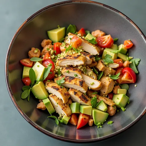 Eye-level shot of a vibrant Healthy Avocado Chicken Salad in a bowl with a soft background.