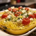 Close-up view of a dish featuring baked feta spaghetti squash with cherry tomatoes and fresh basil.