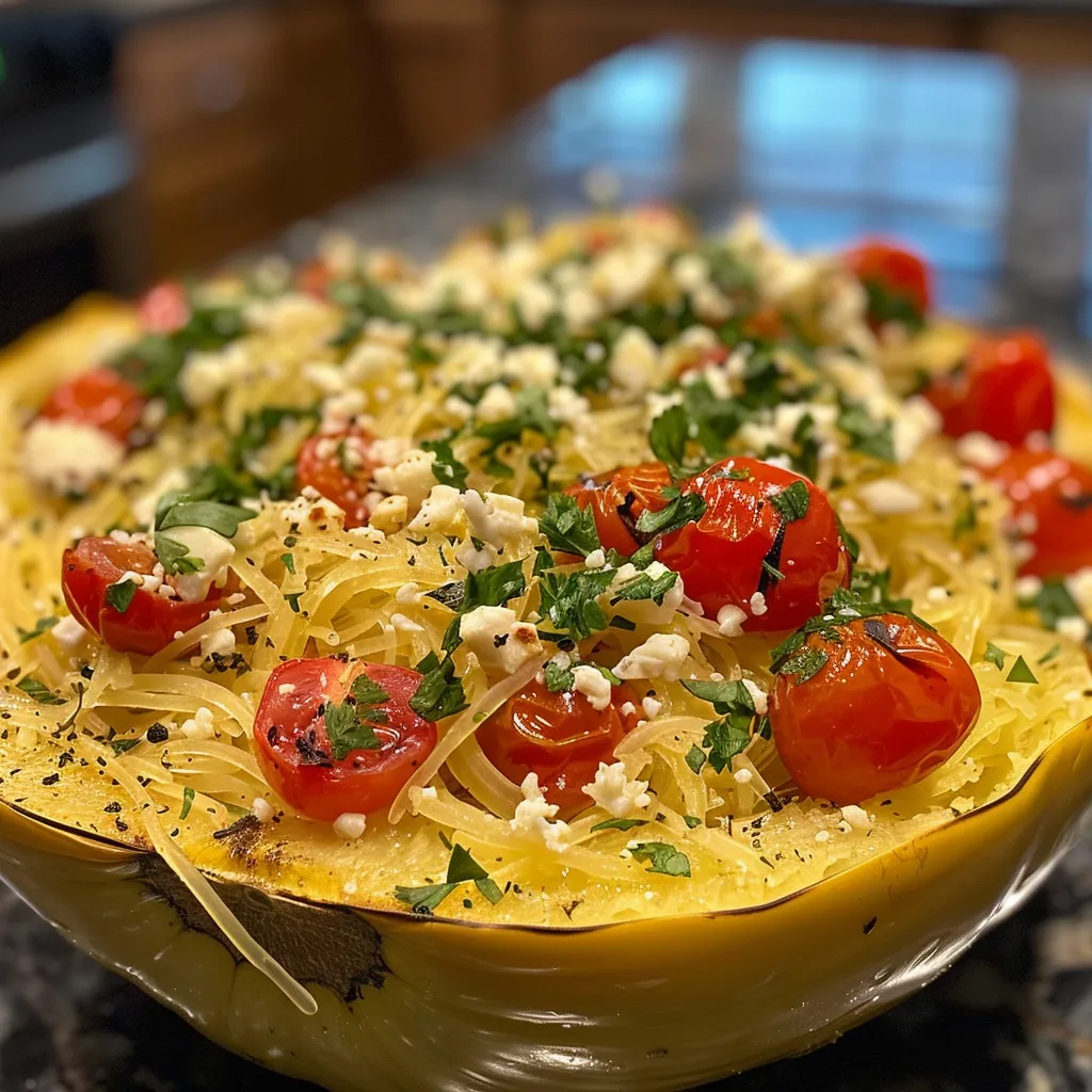 Side angle of a serving of baked feta spaghetti squash topped with pesto and chopped basil.