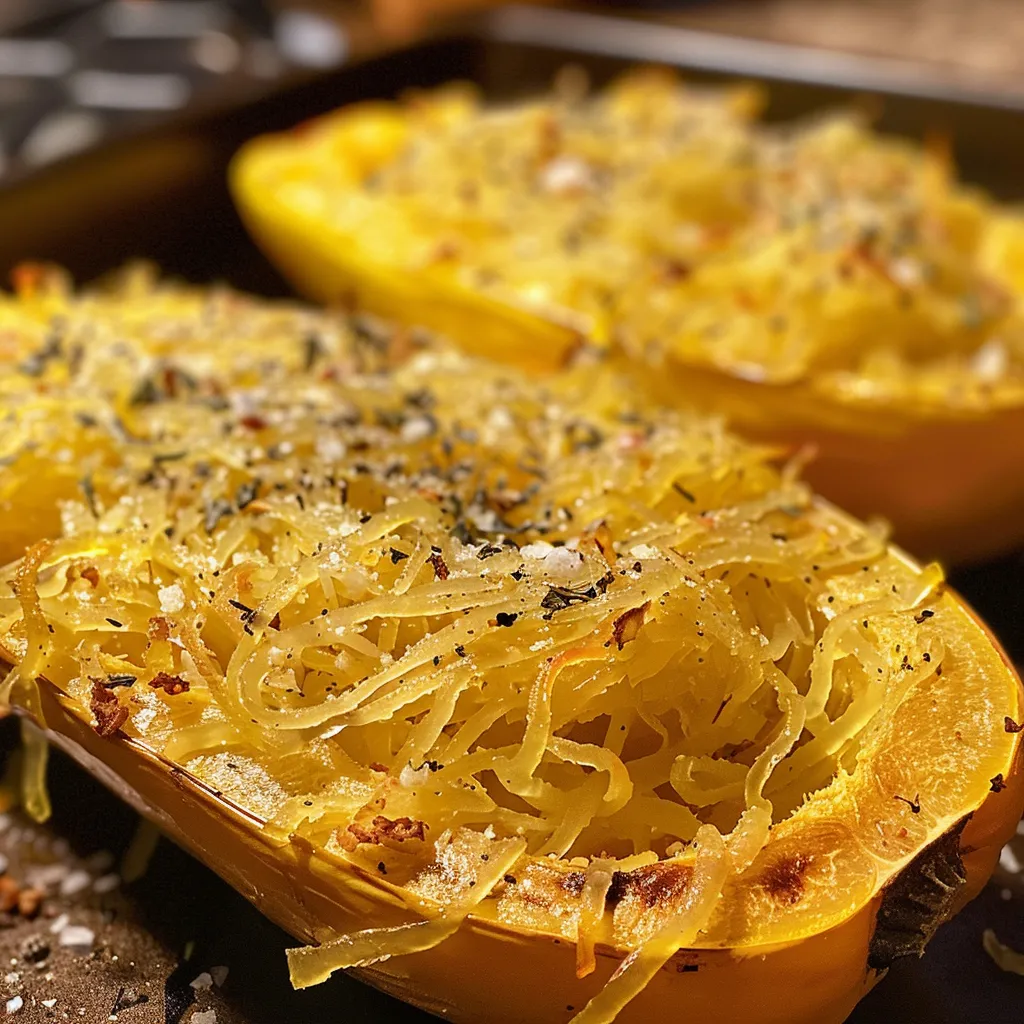 Close-up view of a halved spaghetti squash, baked and seasoned, highlighting its tender texture.