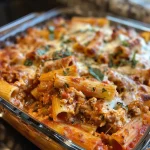 Close-up view of baked ziti with chicken, featuring melted cheese and pasta.