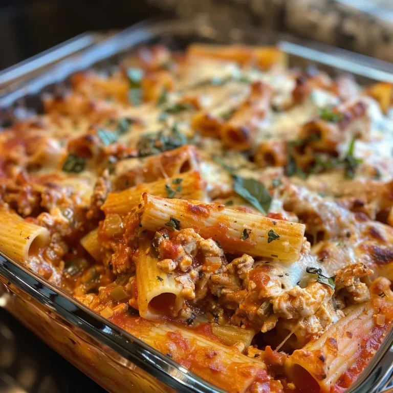 Close-up view of baked ziti with chicken, featuring melted cheese and pasta.