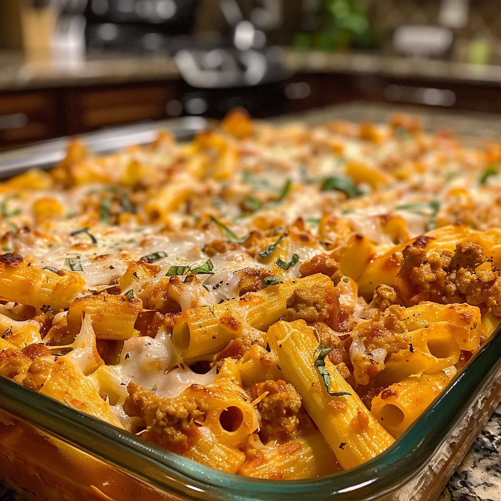 Side angle of baked ziti with ground chicken, garnished with fresh basil.