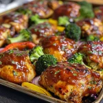 Juicy BBQ chicken pieces on a sheet pan with colorful vegetables.