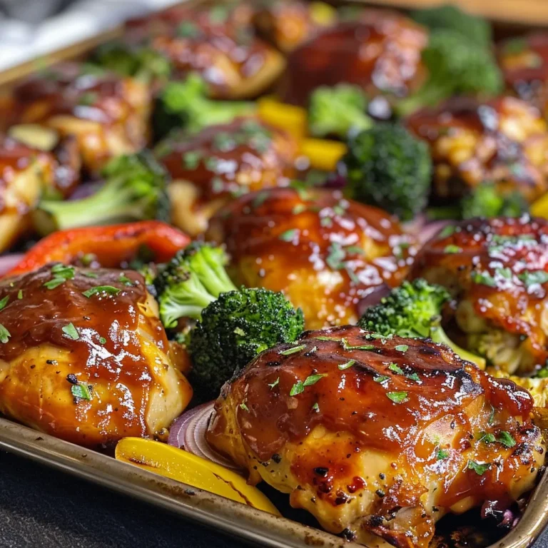 Juicy BBQ chicken pieces on a sheet pan with colorful vegetables.