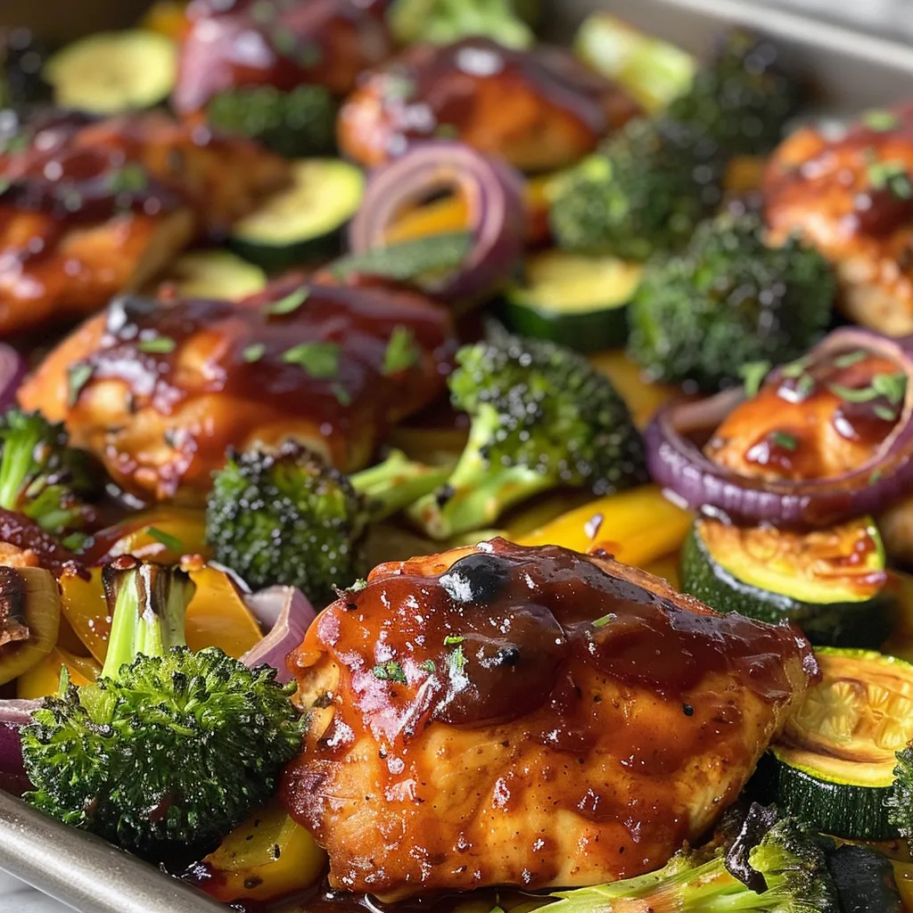 Close-up of BBQ Sheet-Pan Chicken with sliced bell peppers and broccoli.