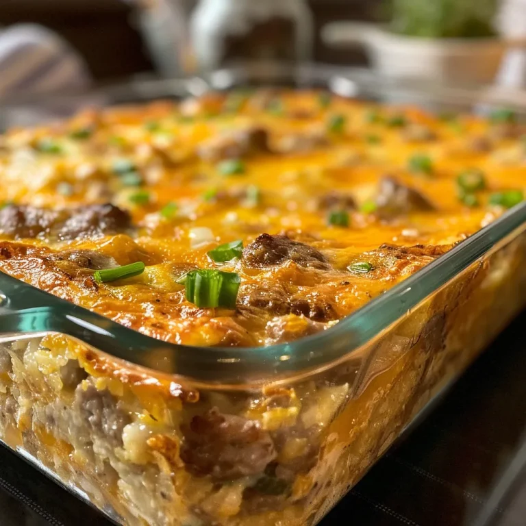 Close-up side view of a juicy breakfast casserole with layers of sausage, eggs, and cheese.