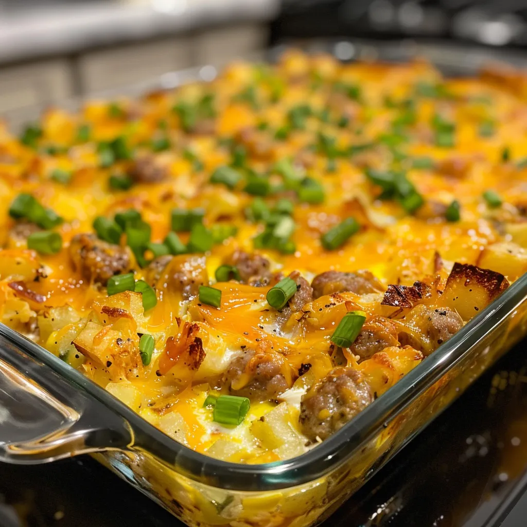 A delicious breakfast casserole featuring turkey sausage, hash browns, and vibrant vegetables.