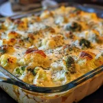 A close-up view of a broccoli and cauliflower casserole, showcasing its creamy texture and melted cheese topping.