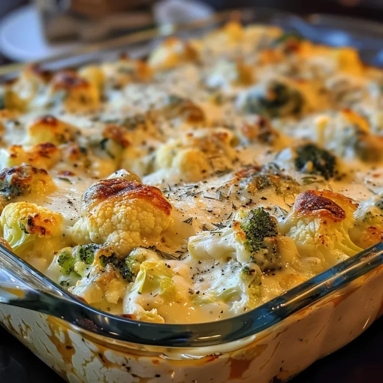 A close-up view of a broccoli and cauliflower casserole, showcasing its creamy texture and melted cheese topping.