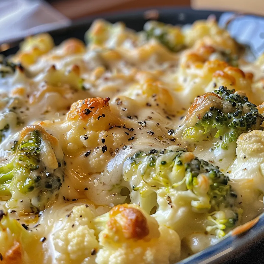 Side view of a delicious casserole featuring broccoli and cauliflower, with a golden crust of cheese.