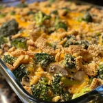 Close-up view of a golden Broccoli Casserole topped with crushed Ritz Crackers.