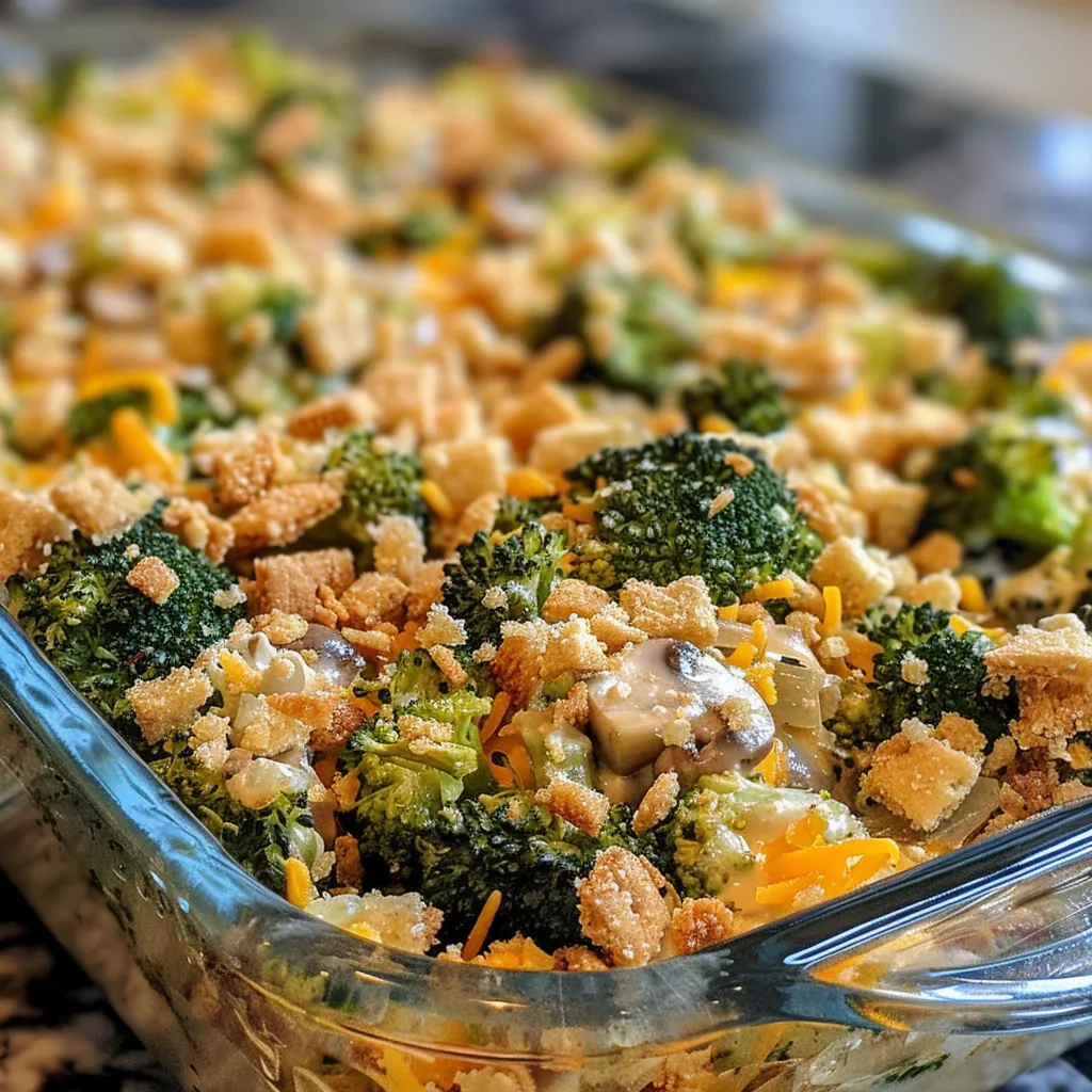 Side angle of Broccoli Casserole featuring melted cheese and a crunchy cracker topping.